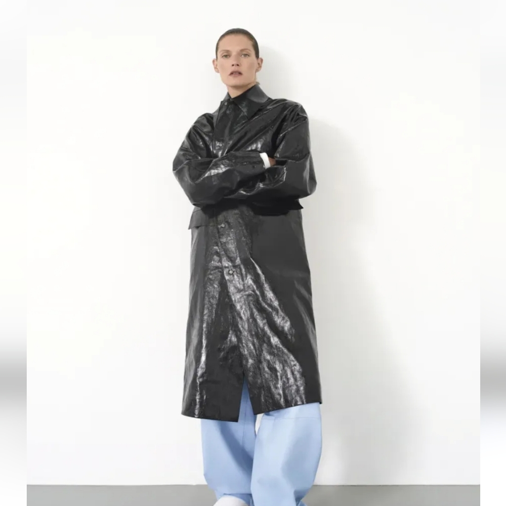 Vintage Metallic black leather like long trench contemporary coat Vintage